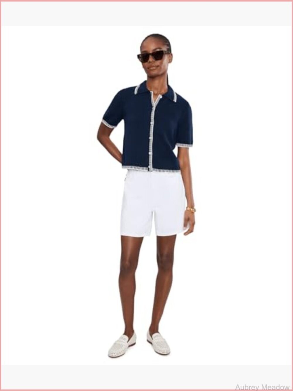 Short Sleeve Pointelle Contrast Stitch Cardigan - Picture 2 of 5